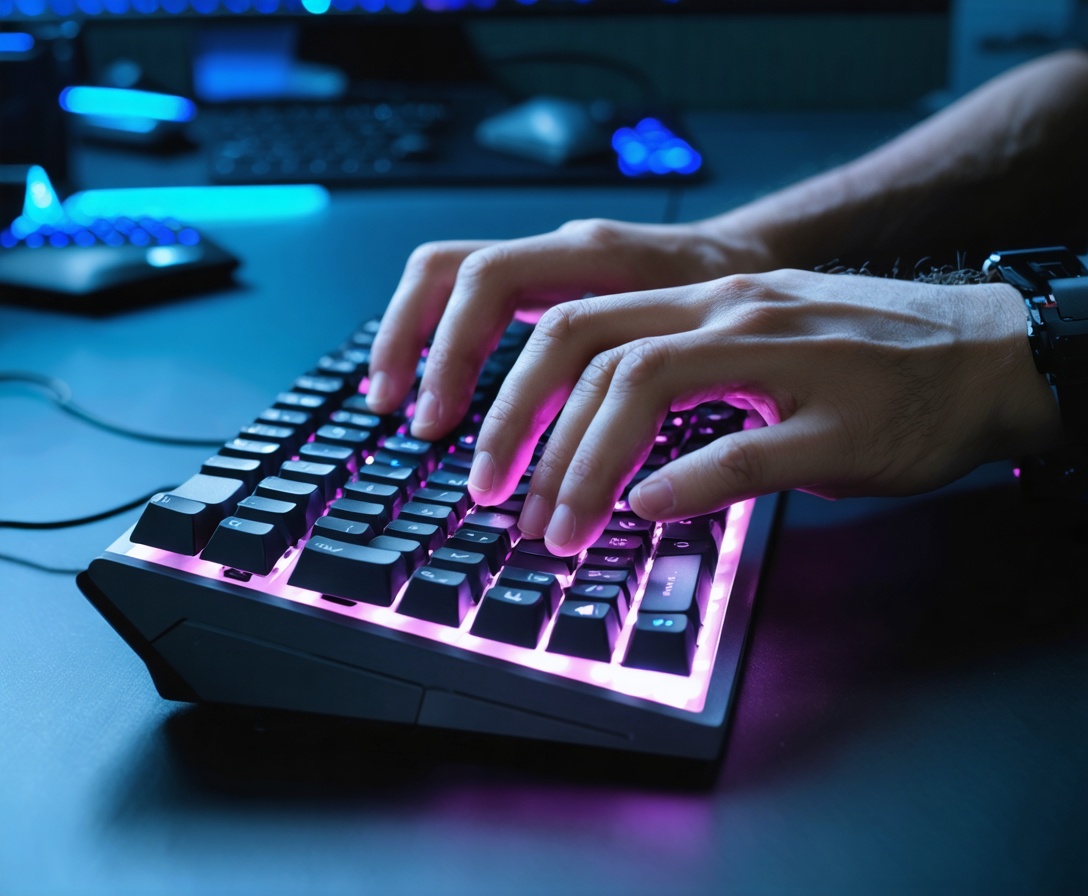 Разработчик пишет код на механической клавиатуре